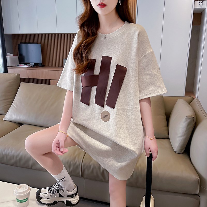 孕妇夏装时尚中长款织带短袖T恤大码宽松孕期不显怀衣服纯棉上衣