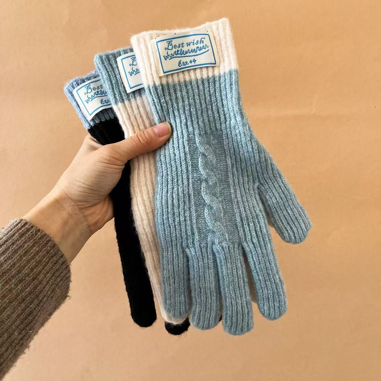 韩系撞色ins麻花针织手套