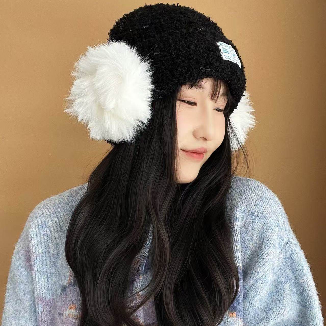 秋冬保暖毛绒耳罩包头帽纯色小熊字母表长毛耳罩拼接一体帽男女款