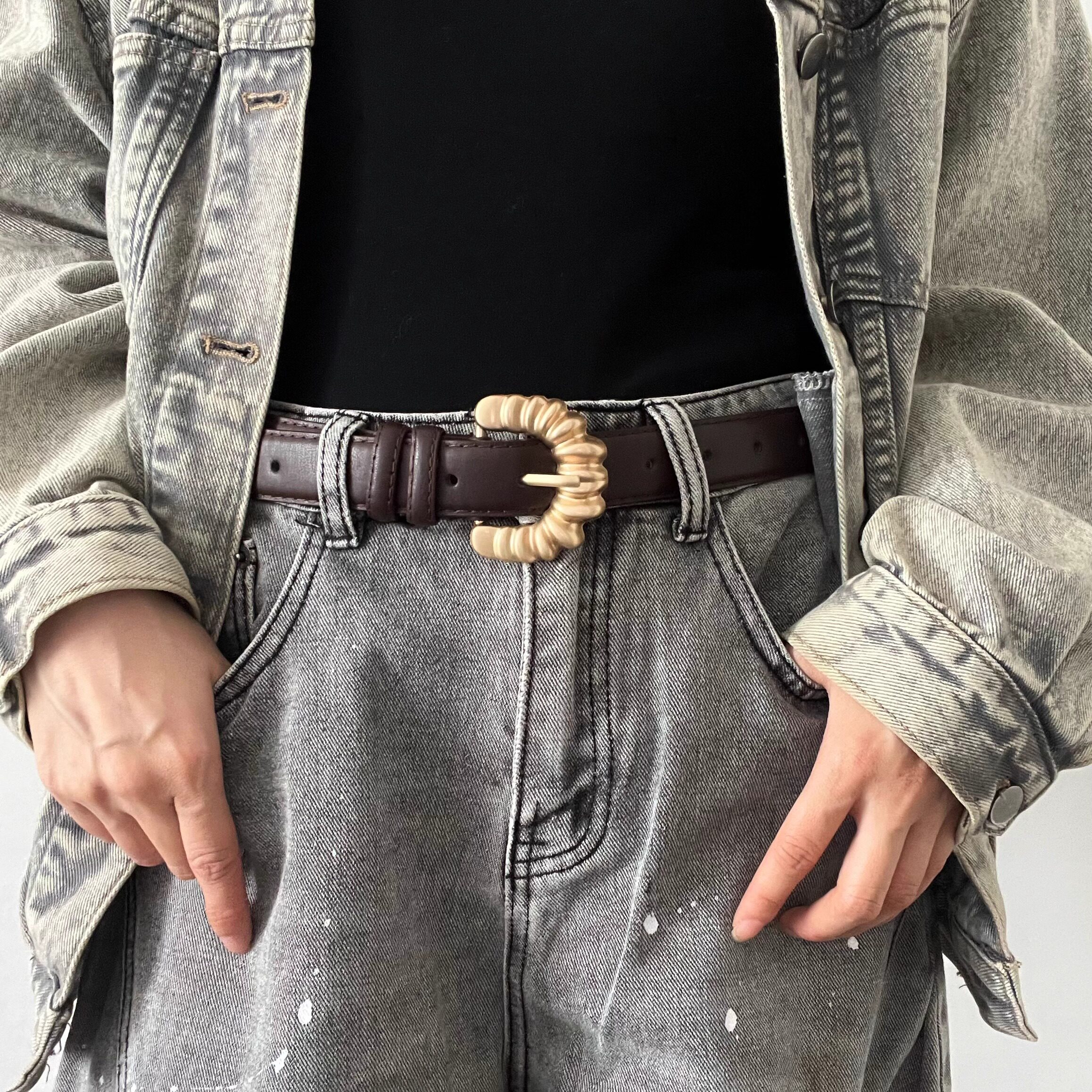 金色时尚锆石金属扣头腰带小众个性搭配裤带男女款朋克风黑色皮带