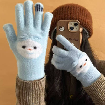 可爱小雪人毛绒五指手套女款冬季