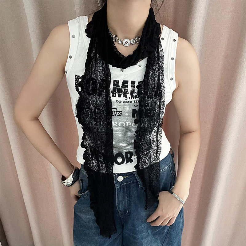 卡杏色镂空褶皱蕾丝飘带搭配小领巾城市少女风蕾丝小方巾长条丝巾