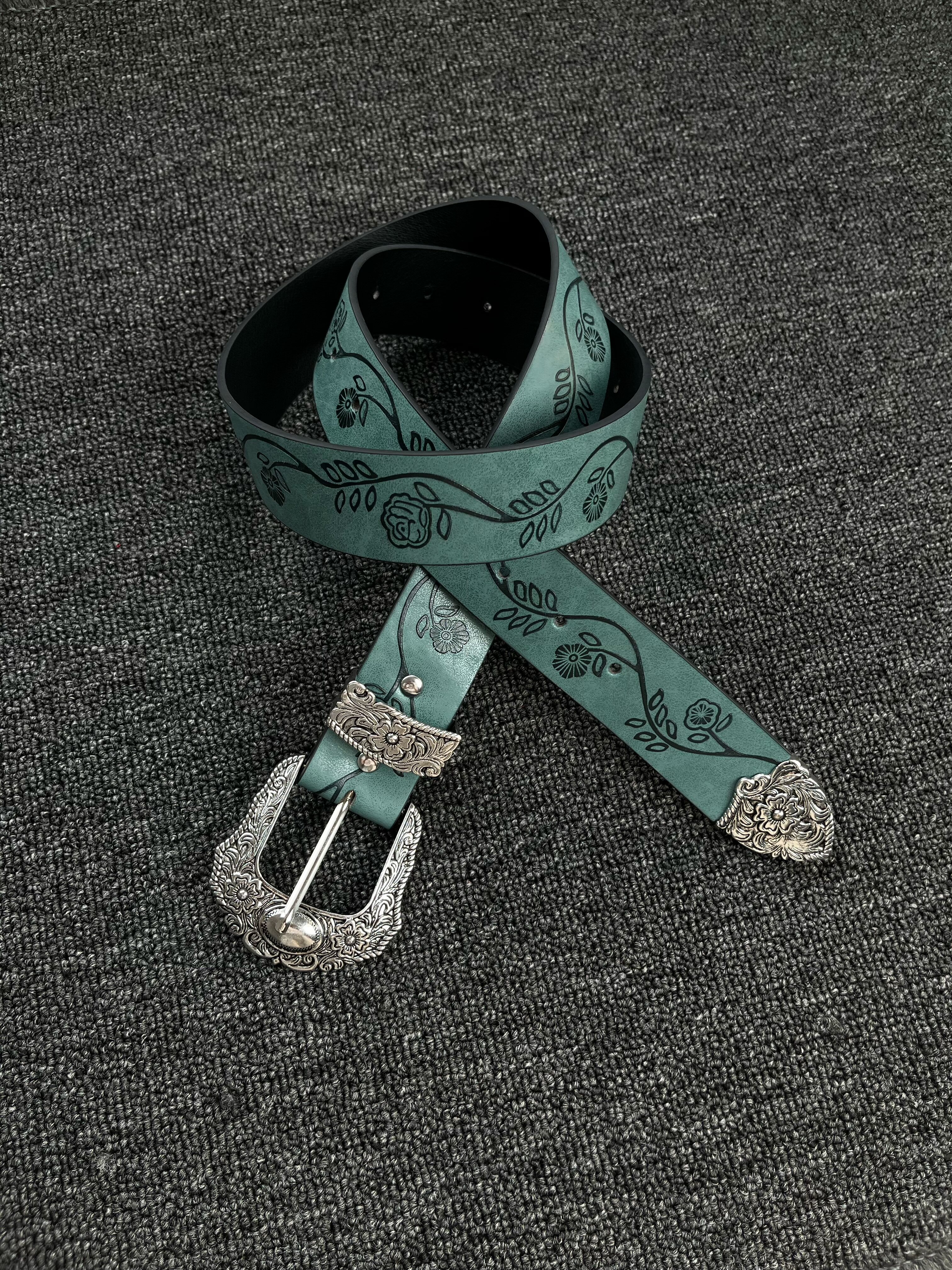 thumbnail for Lomer Halfsummer Blue-Green Subtle Pattern Personalized Simple Carved Pin Buckle Belt Simple and Elegant Versatile Jeans Belt Trendy