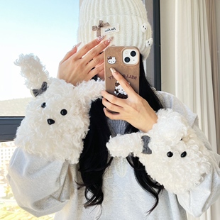 袖 加厚保暖可当袜套两用护袖 子 套女冬季 可爱毛茸茸蝴蝶结小狗袖