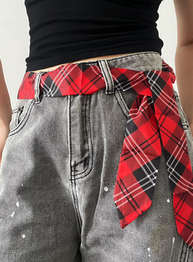 红色格纹学院风长条腰配饰女款搭配裤子百搭小众腰链复古腰饰领带