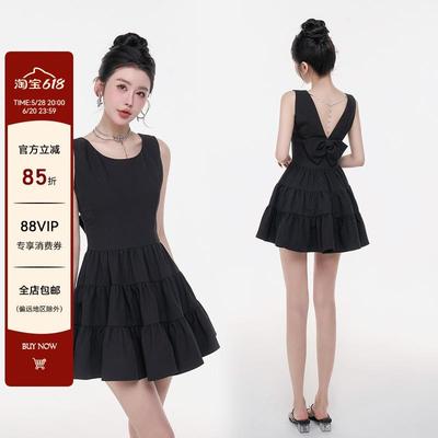 毛妮无袖连衣裙漏背后蝴蝶结女夏季甜美蓬蓬蛋糕裙高级感短款裙子