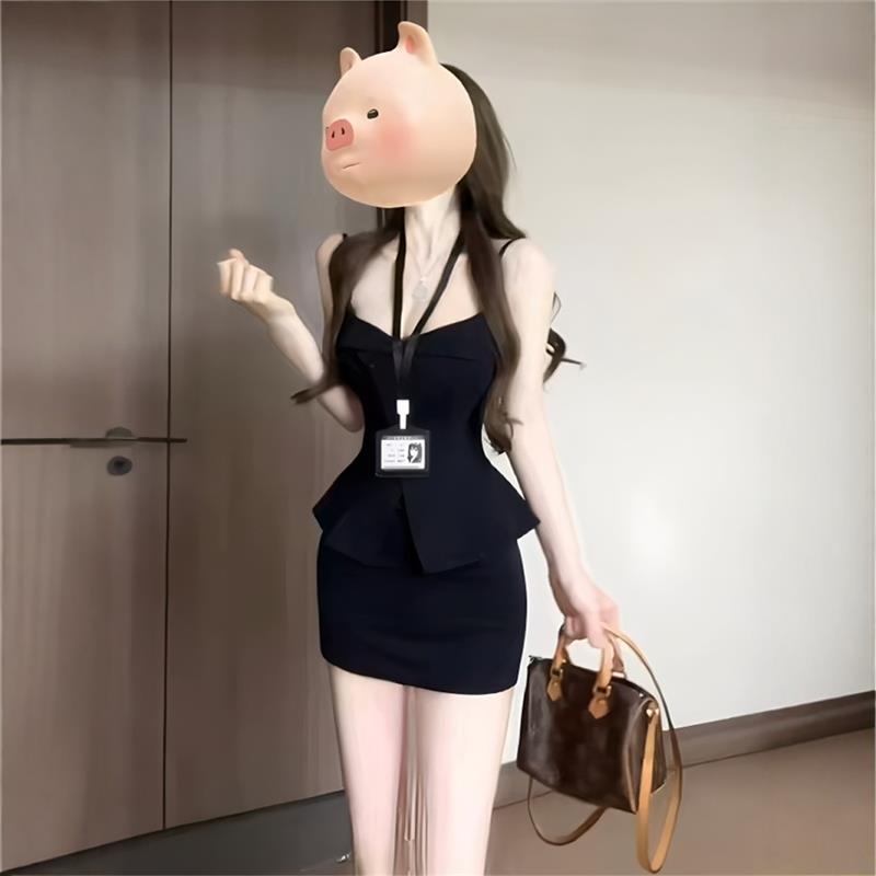 御姐风性感修身外穿西装吊带背心包臀半身裙两件套女夏季辣妹套装