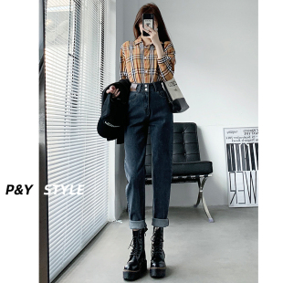 宽松显瘦加绒萝卜老爹裤 2022年新款 女小个子秋冬季 高腰哈伦牛仔裤