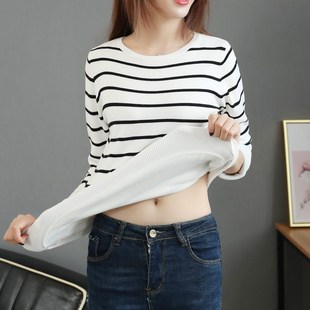 秋冬季条纹针织衫女加绒加厚毛衣女短款长袖修身百搭低圆领打底衫
