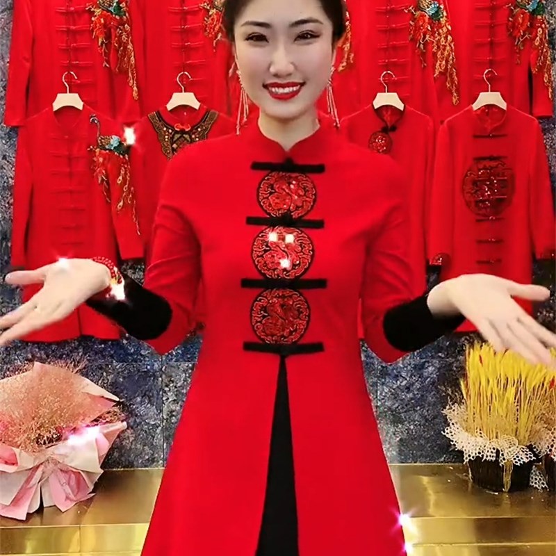 新年旗袍裙本命年衣服2021冬新款大码女装红色过年连衣裙年会礼服
