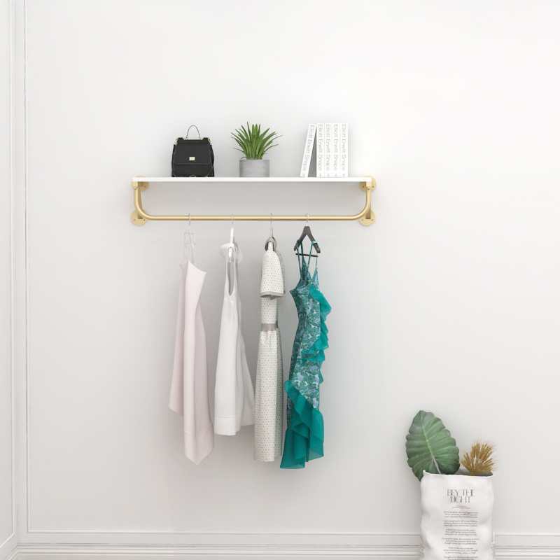 服装店上墙展示架男女装店墙上壁挂带板侧挂衣服架子铁艺金色货架