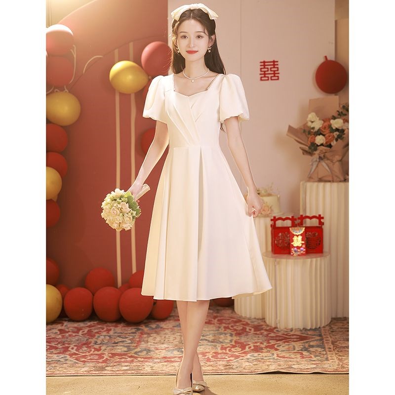 白色连衣裙晚礼服2025新款新娘领证小白裙高腰显瘦学生毕业拍照裙
