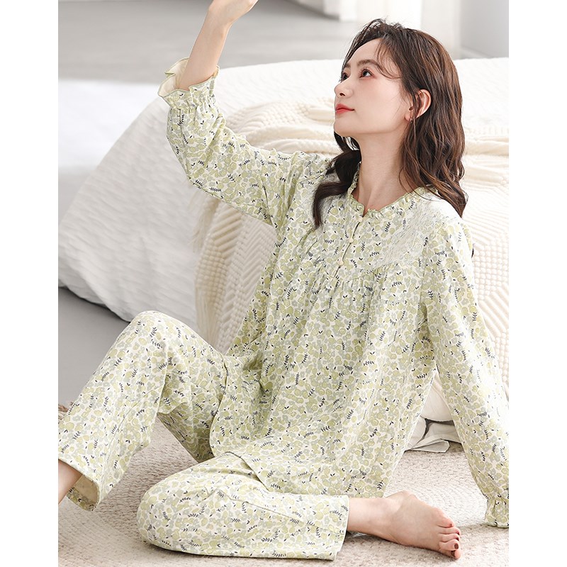 莱卡棉春秋季睡衣女款长袖纯棉2023新款公主风碎花秋款家居服套装