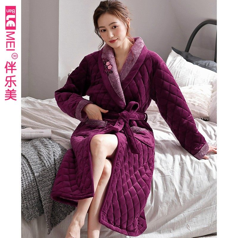 睡袍女秋冬季加厚睡衣夹棉中年妈妈加肥中老年保暖加大码长款浴袍