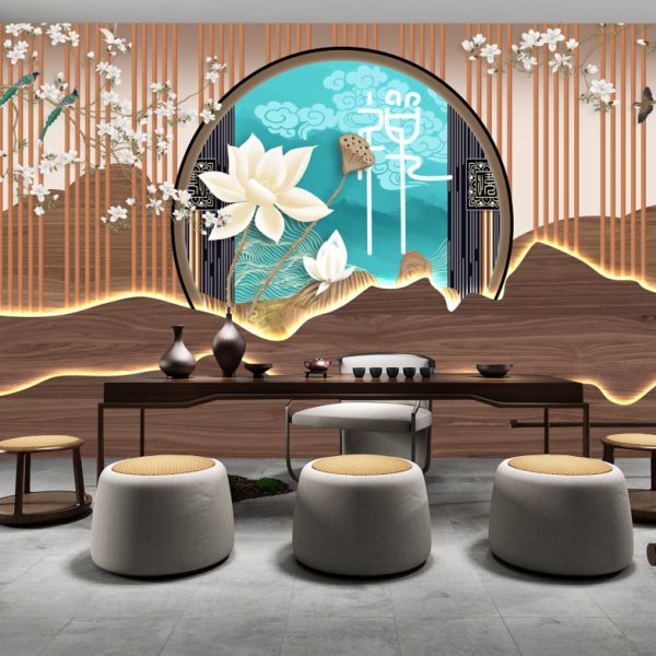 8D新中式禅意荷花壁画客厅沙发背景墙布茶室装饰壁纸包厢意境墙纸