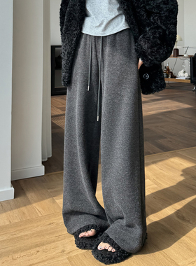灰色阔腿裤加绒裤子女2025新款冬加厚直筒休闲垂坠感糯米裤小个子