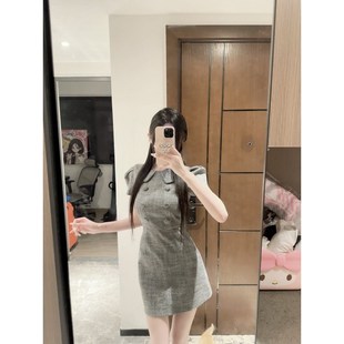 *高干文女主具像化*带亮丝!泰剧千金娃娃领双排扣格纹收腰连衣裙