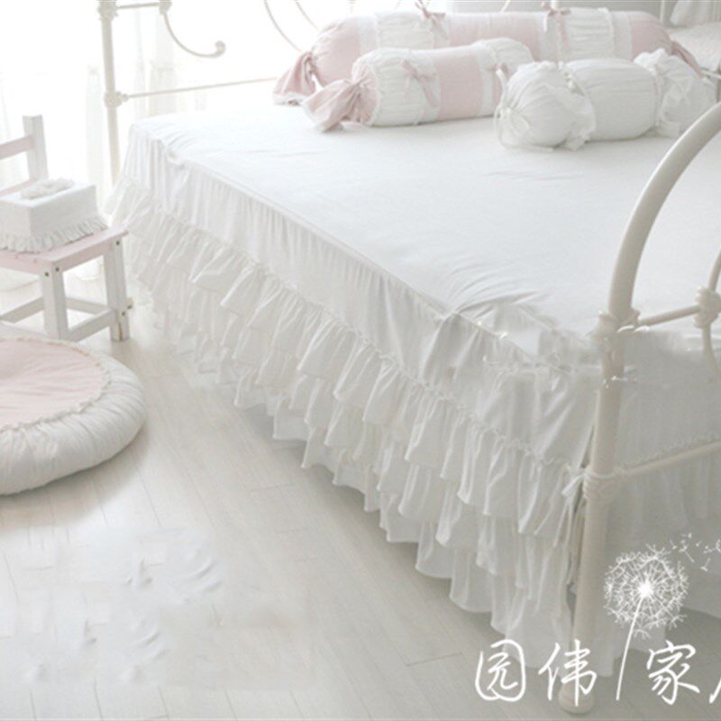 韩式定制浪漫高级唯美纯棉床品纯白层层花边床裙被套床盖床品配件