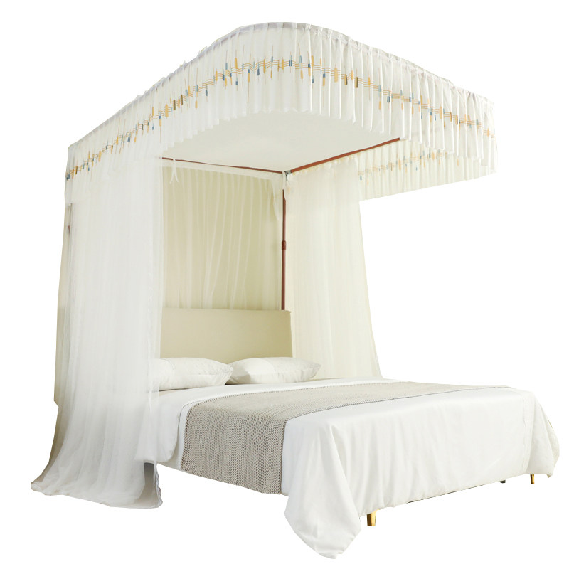 2023新款U型导轨蚊帐加密加厚轨道支架升降伸缩三开卧室家用落地