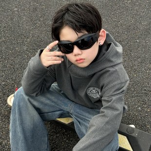 男童德绒连帽打底衫卫衣2024冬季双面绒保暖插手指内搭儿童上衣潮