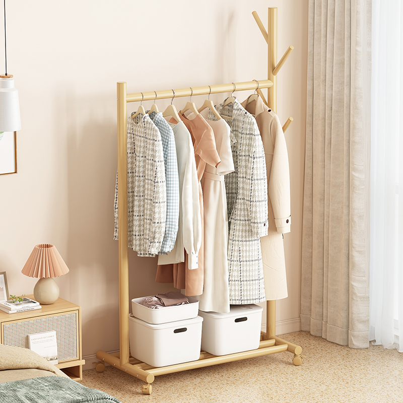 晾衣架落地简易家用衣帽架卧室床头边学生宿舍收纳置物带轮挂衣架