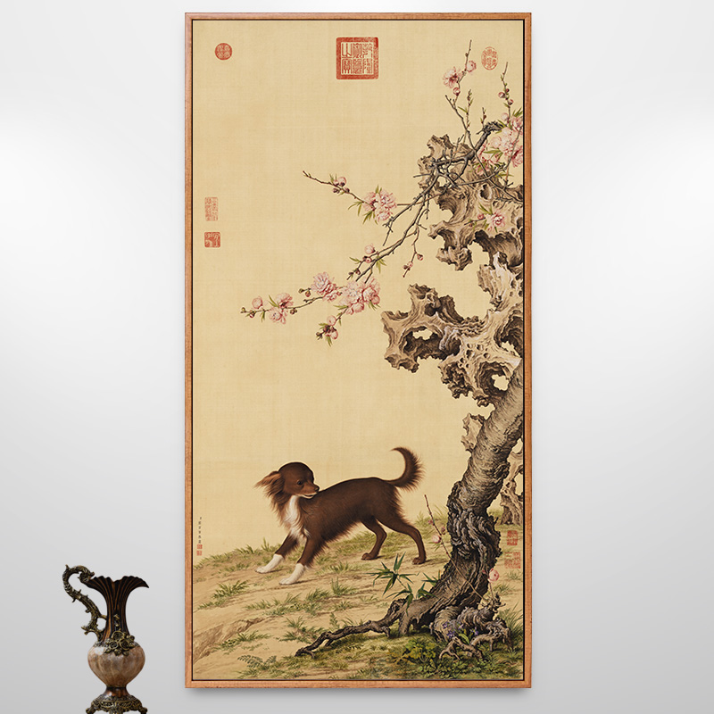 郎世宁花底仙尨图动物狗画新w中式装饰画走廊竖版挂画中国风壁画图片