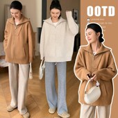 秋冬款 毛衣外套2024新款 韩版 孕妇装 网红加厚翻领针V织百搭长袖 开