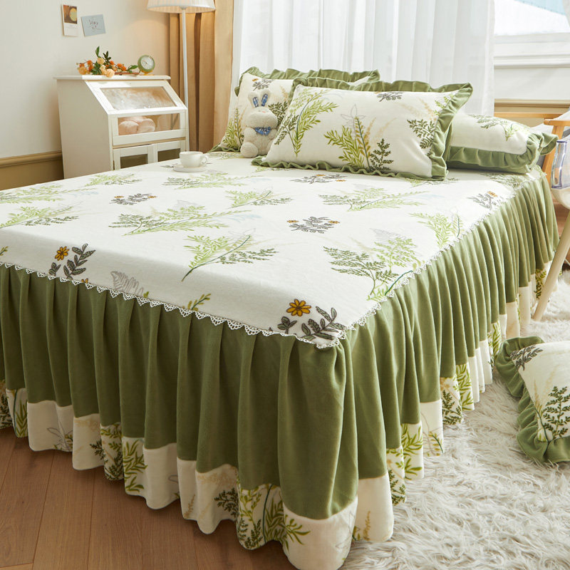 2022新款加厚牛奶绒印花单床裙三四件套单件床罩秋冬保暖被套床单