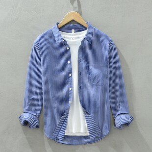 潮流百搭日系蓝白条纹衬衫男士纯棉弹力内搭夏季薄款长袖衬衣外套