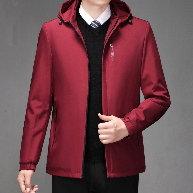 高档秋冬新款中年男士休闲夹克连帽外套男爸爸装加绒加厚红色上衣