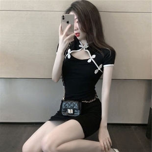 2021夏季新款韩版胸前镂空复古改良显瘦收腰旗袍式包臀修身连衣裙