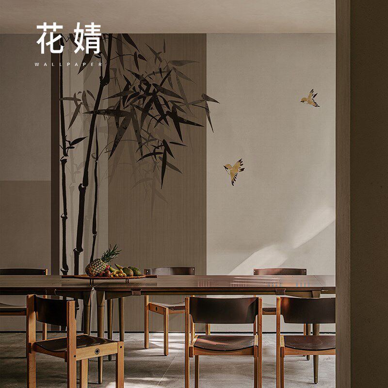 中式竹子花鸟壁纸餐厅卧室无纺布墙纸电视背景墙玄关墙布定制壁画