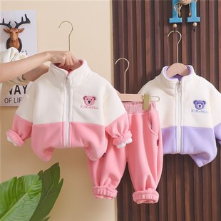 女宝宝春装加绒外套2024年新款初春套装超洋气男童两件套春天衣服