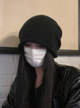 黑色堆堆毛线帽女秋冬显脸小月子包头冷帽日系百搭氛围感针织帽子