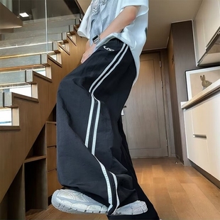 撞色两条杠运动裤子男青少年美式复古速干条纹直筒休闲工装阔腿裤