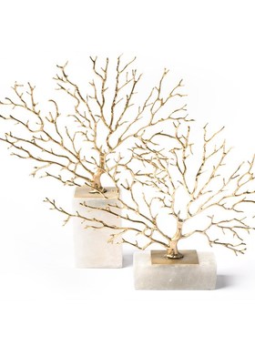 新中式轻奢黄铜海树晶石桌面摆件客厅桌面玄关样板间酒店软装饰品