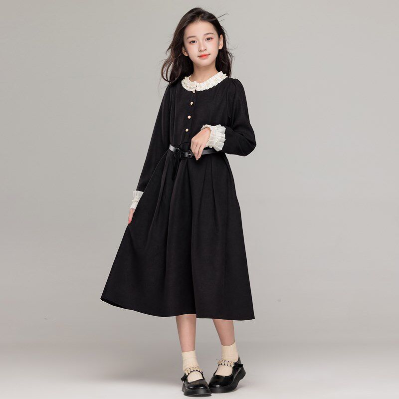 法式复古赫本风连衣裙大女童秋冬新款加绒裙子花边宫廷风过膝长裙