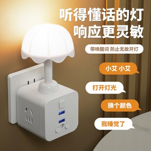遥控小夜灯语音插座一体式床头灯主卧室睡眠婴儿喂奶柔和护眼台灯