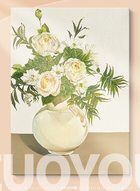 奶油风玫瑰手绘油画客厅装饰画白色花卉绿植花瓶走廊过道玄关挂画