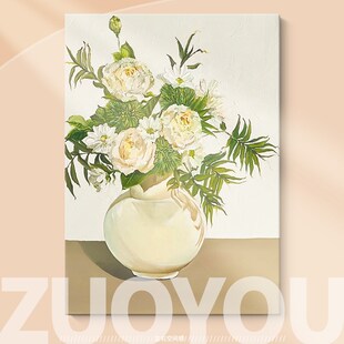 奶油风玫瑰手绘油画客厅装饰画白色花卉绿植花瓶走廊过道玄关挂画