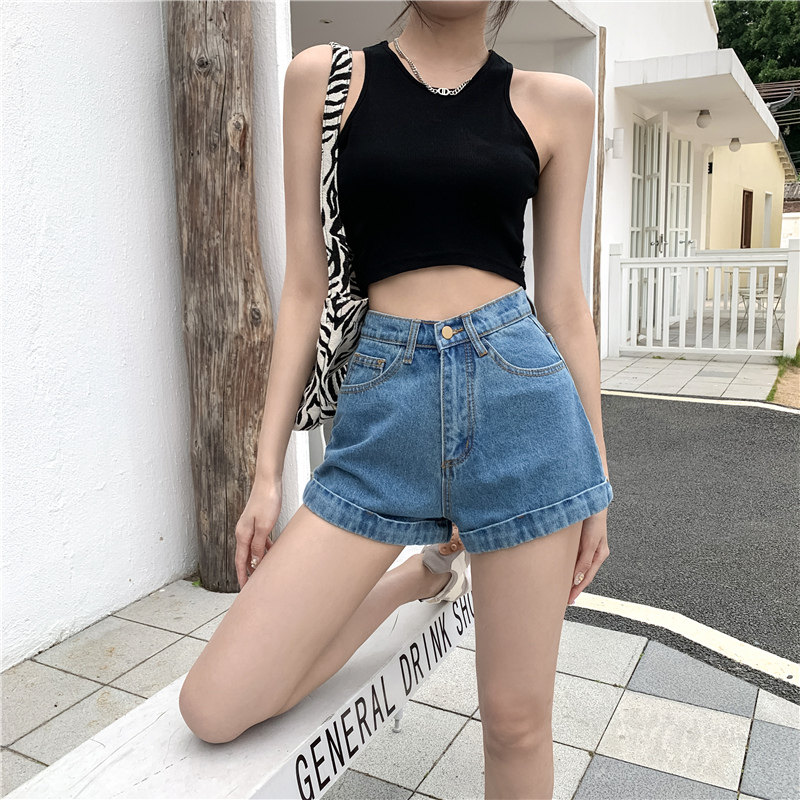 复古浅色牛仔短裤女夏2021新款外穿高腰宽松网红a字韩版卷边热裤