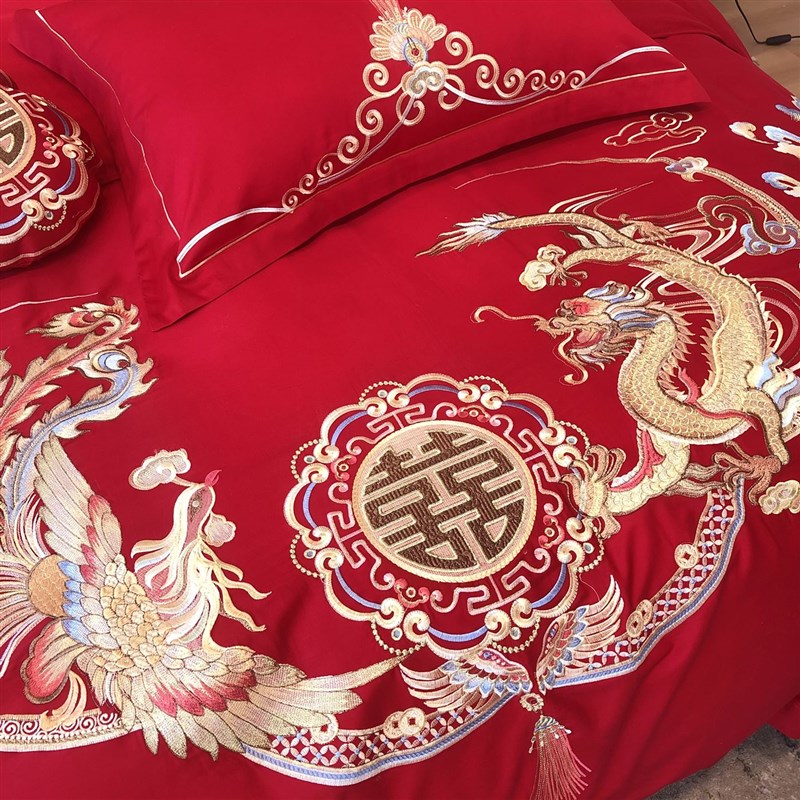 婚庆纯棉四件套喜庆大红色结婚被套全棉床单龙凤刺绣婚嫁床上用品
