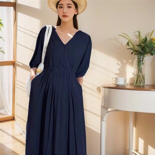 人造棉长款 有口袋棉绸连衣裙女装 气质高级收腰显瘦短袖 新款 夏季