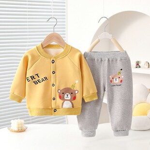婴儿春秋衣服外出棒球服套装男宝秋冬加绒保暖外套分体两件套冬季