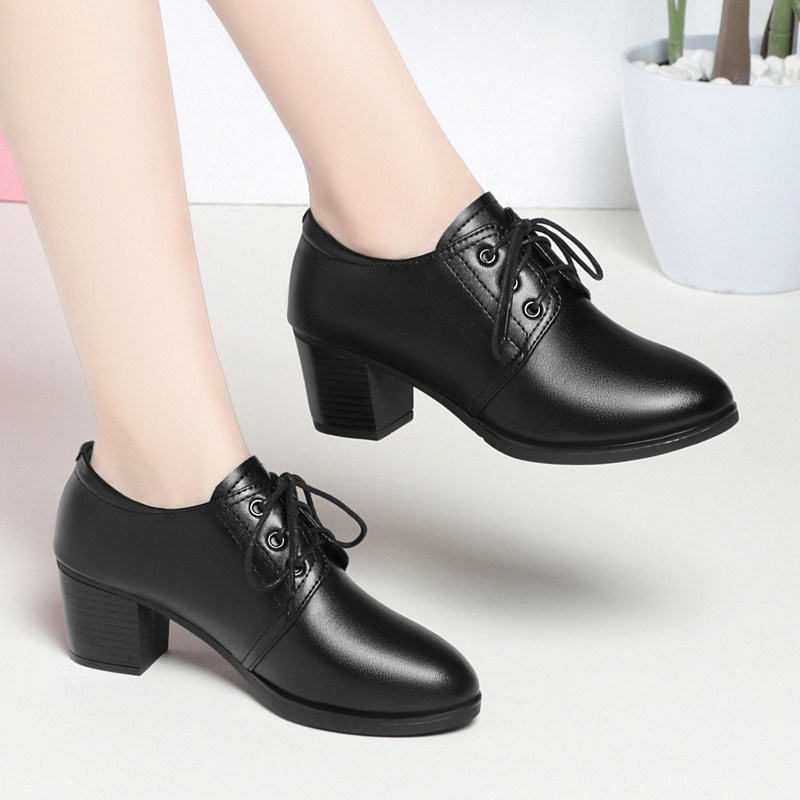 真皮单鞋女2024年春季新款中跟粗跟皮鞋休闲大码系带深口妈妈鞋子,女鞋,深口单鞋,淘宝优惠券,粉丝福利购,淘宝优惠卷