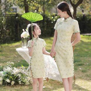 2023亲子旗袍母女装夏季新款复古女童连衣裙修身显瘦一模一样蕾丝