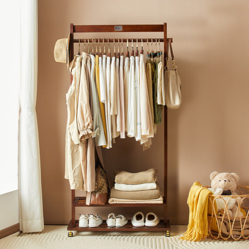 新中式实木大容量卧室落地移动衣E帽架服装试衣间带抽屉收纳柜子