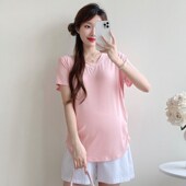 夏装 纯色百搭T恤夏天怀孕打底衫 时尚 V领上衣夏季 夏 简约短袖 孕妇装