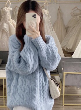 2023新款v领奶蓝色软糯麻花毛衣女秋冬内搭慵懒风高级感宽松加厚