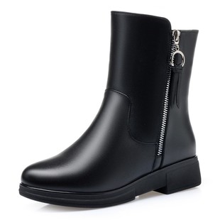 全牛皮女靴子真皮羊毛女棉鞋女士低跟平底短靴加绒皮靴软底雪地靴